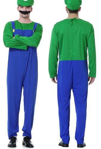 VISVIC Cosplay Kostüm Super Brothers Cosplay Kostüm, mit Cap und Schnurrbart, Halloween Karneval Cosplay Kostüm Set Männer Damen Jungen Mädchen, Faschingskostüme, Herren Grün, S