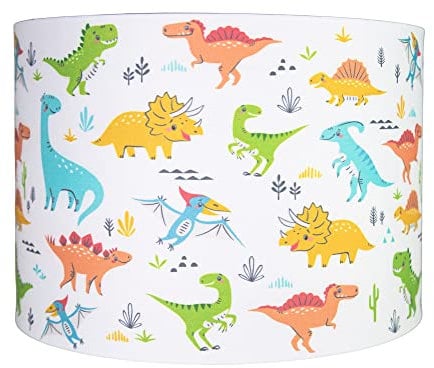 Happy Homewares Modern and Colourful Dinosaurs Childrens Cotton Fabric Lamp or Pendant Shade | 25cm Diameter | 60w Maximum | Inner Cotton Lining