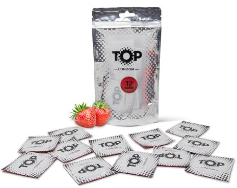 TOP Kondome 12 Stück Packung, Erdbeere, rot eingefärbt, natürlich und gefühlsecht, aus Latex, mit Reservoir, Durchmesser 53 mm, für Männer