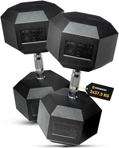 HQ Germany® Hexagon Hanteln 37,5kg 2 Stück | Geruchsarm, ±1,5% Gewichtstoleranz | 37,5kg Hantel, 37,5 kg hanteln 2er Set, Kurzhantel, Dumbbell, 37,5 Kilo Hantel Set, Hantelset Hexagon
