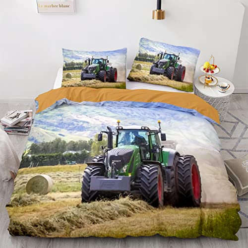 RFFLUX Traktor Bettwäsche 155x220 cm 3teilig mit Reißverschluss 3D LKW Bettwäsche Sets Warme Winter Sommer Weich und Angenehme Mähdrescher Bettbezüge mit 2 Kissenbezug 80x80 cm für Teenager
