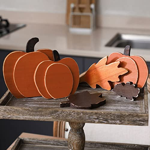Namalu 6 Stück Erntedankfest Herbst Deko Zierkürbisse Holzblätter Ahornblatt Herbstdeko Kürbis Abgestuftes Tablett Dekoration Holzblock Set für Haus Esstisch Wohnzimmer Herbstdekoration Halloween