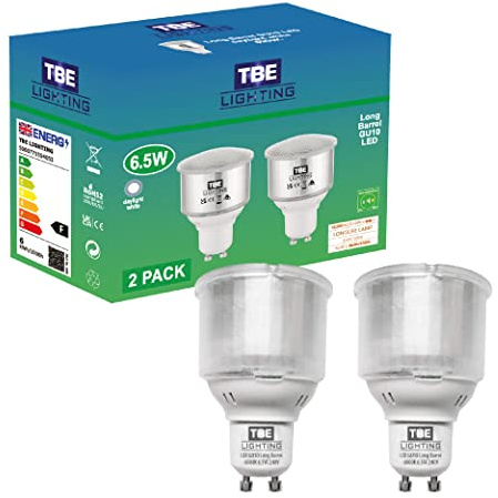 TBE LIGHTING 6.5w GU10 Spot Light Bulbs - 2 Pack - LED Long Barrel Reflector Bulbs with GU10 Base Fitting - 6000k Daylight White - 650 Lumens - Replaces 11w CFL Bulb with Identical housing
