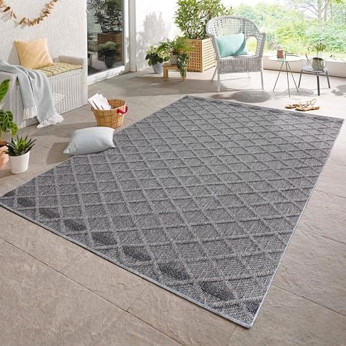 Carpetsale24 In & Outdoor Bouclé Teppich wetterfest Grau 140x200 cm Skandinavische Rauten Design 3D Hoch Tief Effekt geeignet für Küche Wohnzimmer oder Terrasse