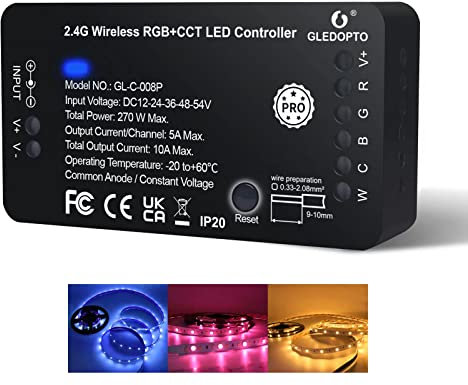 GLEDOPTO ZigBee 3.0+2.4G Pro RGBW/RGBCCT LED Strip Controller DC12-24-54V App-Steuerung RF-Sprachsteuerung kompatibel HU-E Amazon Echo plus Tuya Smart Life smartthings zigbee2mqtt
