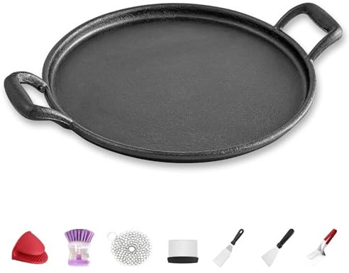 KAVSI Gusseisenpfanne,Durchmesser 26cm/30cm/35.5cm Pizzabackofen mit 7 Stück Zubehör,Pizzapfanne mit Schlaufengriff,Backblech, Backpfanne, gusseiserne Pfanne für Kochfeld, Ofen, BBQ (KS-8001GD)