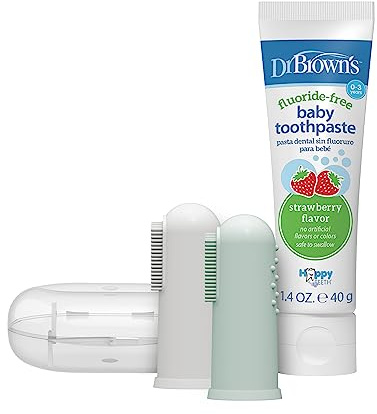 Dr. Brown's 100% Silicone Baby Finger Toothbrush and Toothpaste Set, 2-Pack Toothbrush with Storage Case, Fluoride-Free Strawberry Toddler Toothpaste, Gray & Light-Green