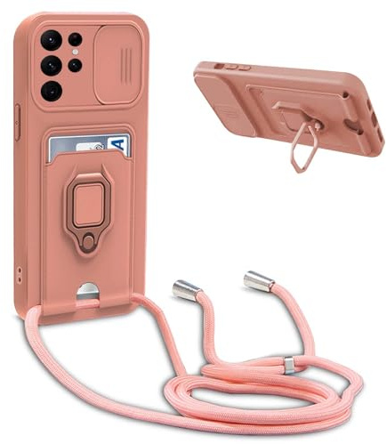 YFSYLL Handykette Schutzhülle kompatibel mit Samsung Galaxy S23 Ultra Handyhülle mit Band,Silikon Handyhülle Case mit Schiebe Kameraschutz,360 Grad Ringhalter Stand,Kartenfach,Pink