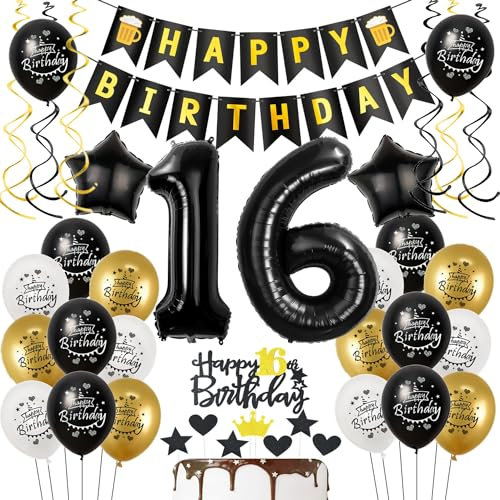 Luftballons 16. Geburtstag Schwarz Golden, Geburtstagsdeko 16 Jahre Junge mädchen, Ballon 16. Geburtstag, Folienballon Zahl 16, deko 16. geburtstag mädchen, Tortendeko 16 Junge Deko