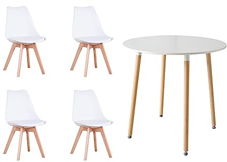 HJhomeheart Runder Esstisch mit 4 Esszimmerstühlen für Esszimmer, Küche, Wohnzimmer, Esstisch aus Schwarz und Roten Patchwork-Stühlen