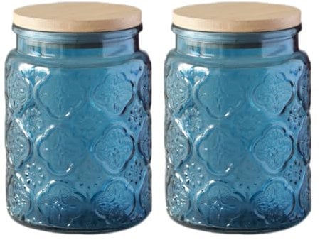 ANSQU Lot de 2 boîtes de rangement en verre bleu vintage avec couvercles, bocaux décoratifs en verre pour la maison, la cuisine, le café, le thé, les biscuits, les bonbons (bleu)