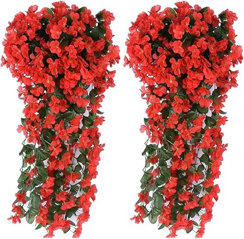 Evoio Künstliche Veilchen-Efeu-Blumen, zum Aufhängen, 2 Packungen künstliche Hängeblumen, Pflanze für draußen, Terrasse, Garten, Veranda, Hochzeit, Heimdekorationen (rot)