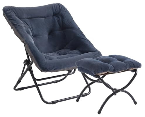 SESHINELL Comfy Saucer Chair with Ottoman, Oversized Foldable Faux Fur Lounge Reading Chair Set with Metal Frame, Moon Accent Lazy Armchair for Bedroom, Living Room, Dorm Rooms, Navy