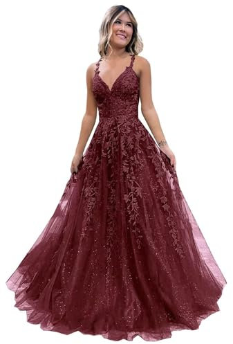 Frauen Spitze Applikation Abschlussball Kleider Langer Tüll Brautjungfernkleid A Linie V-Ausschnitt Formale Partyballkleider mit Schlitz Desert Rose 9XL