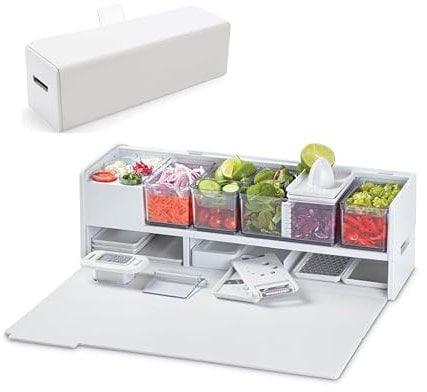 Prepdeck Gen 2 Recipe Prep & Storage Station - 8 Essential Tools + Deluxe Cutting Board, 14 Plastic Containers + Super-Seal Lids, Removable Trash Compartments, Tablet Stand Included - White Stone
