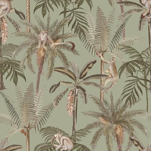 Monkey Oasis Sage Green Wallpaper - Tropical Botanical Leaves Animal Print - Modern Contemporary Feature Wall