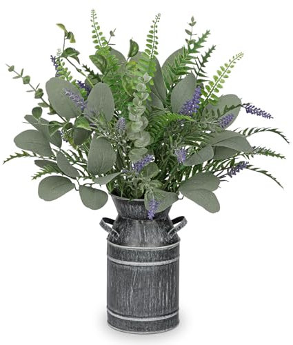 Briful Künstliche Eukalyptus & Farn Deko mit Lavendel – Kunstpflanze in Vintage Metallvase, 45 cm Hoch, Rustikale Tischdeko für Wohnzimmer, Küche, Büro & Bad