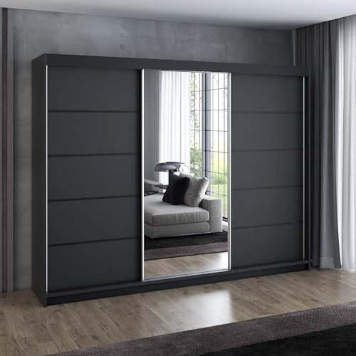 A&J MöbelLand Schwebetürenschrank VILANO 2, 3-türig Schrank 200 cm Kleiderschrank mit 4 Schubladen, und Spiegel (Weiß, Schwarz, Somona) (Schwarz/schwarz/schwarz)