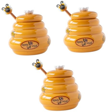 TOPBATHY 3sets Ceramic Honey Jar Dipper Honey Storage Pot Lidded Container for Kitchen Syrup Dispenser Jam Container