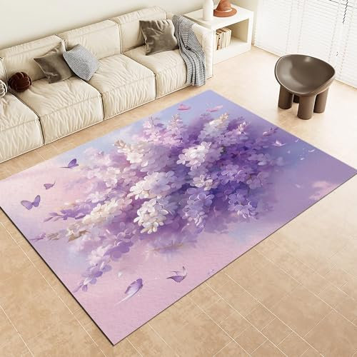 Waschbarer Kurzflor Vintage Teppich Lila - Pflanze Blume Lila Flieder Pflegeleicht & Robuster Teppich, rutschfeste Teppiche für Innenbereich, Wohnzimmer, Schlafzimmer, 60x90cm