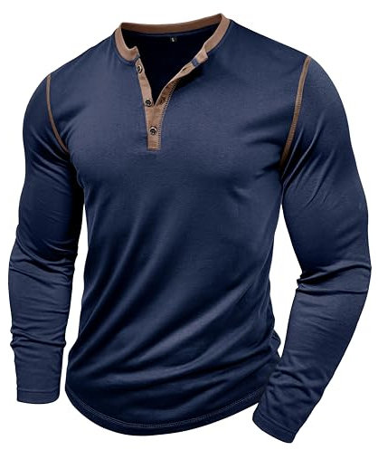 MakingDa Mens Henley Shirts Long Sleeve Button Vintage Solid Golf Regular Fit Grandad Shirt Casual Classic Soft Breathable Lightweight Workwear Gym Smart Tops Dark Blue XL
