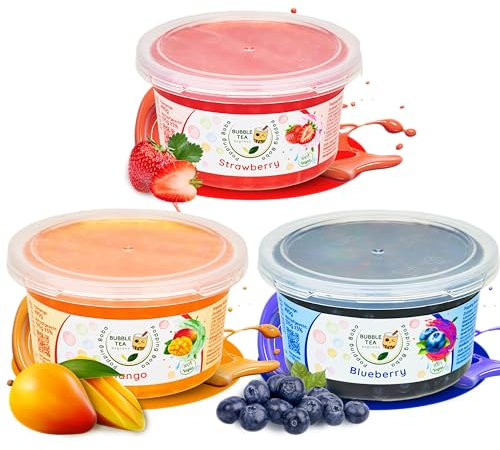 Bubble Tea Express - Bubble Tea Set 3x 490g | Erdbeere, Mango & Blaubeere Boba Perlen | Bubble Tea Perlen mit fruchtigem Geschmack | Bubbles für Bubble Tea Vegan, Glutenfrei, Laktosefrei