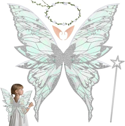 Orifinter Feenflügel Erwachsene Kinder, Schmetterlingsflügel Kostüm Damen | Faschingskostüme Damen, Elfenflügel mit Feenstab für Karneval Halloween Kostüm Geburtstag Cosplay Comic Con Themed Party