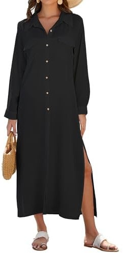 Bsubseach Traje de baño para Mujer, Manga Larga, con Botones, Vestido de Playa, Kimono, Negro -, Large