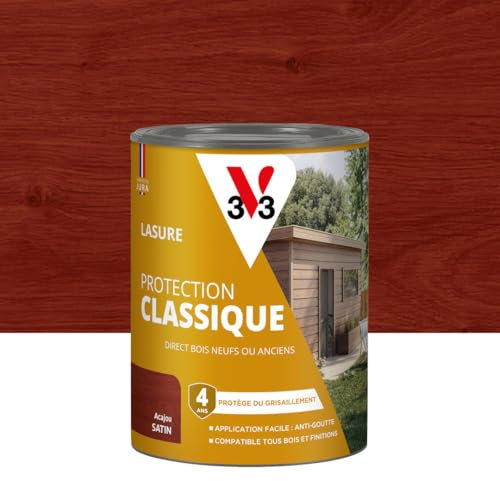 V33 Lasure Bois extérieur Acajou - Protection Classique 4 ans - Protège du grisaillement - Direct bois neufs ou anciens - Texture anti-goutte - 0,75L