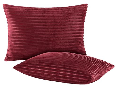 BaSaTex Winter Plüsch Kissenbezüge Kissenhüllen | 2er Pack 40x60 cm | Cashmere-Touch Coral Fleece,Rip-Cord“ | Sofakissen Couchkissen Zierkissenbezug | Reißverschluss | Bordeaux