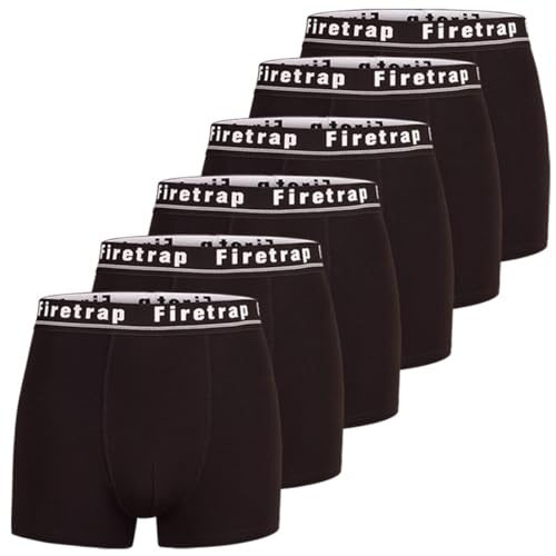 Firetrap Mens 6 Pack Designer Boxer Shorts, Underwear Gift Set Trunks Comfortable Stretch Cotton Plain Colours Mens Briefs All Black L