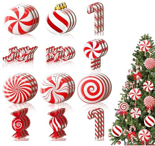 Ompinda 36 Pcs Red White Christmas Peppermint Candy Cane Hanging Ornaments Candy Lollipop Pattern Decorations with Rope fo DIY Craft Xmas New Year Party Favors