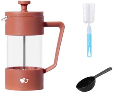 W&M Cafetera Francesa - French Press de Acero Inoxidable con Vidrio de Borosilicato - Triple Filtro - Cuchara Medidora + Limpiador - Rosa - 350ml