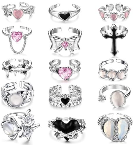 HTTDSLF 15 Stück Y2K Ringe für Damen Mädchen, Einstellbare Mondstein Ring Set, Unregelmäßig Einstellbar Offener Ring, Punk Grunge Goth Mondstein Stern Dorn Herz Kreuz Knospe Bogen Ring Set