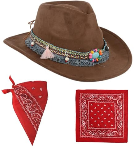 Yuedefly Cowboy Hat Felt Wide Brim Western Cowgirl Hat with Square Scarf,Women's Western Cowboy Hat for Lady Tassel Felt Cowgirl Sombrero Caps Coffee
