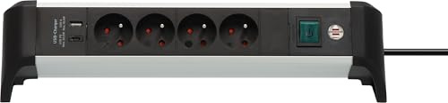 Brennenstuhl Alu-Office-Line Steckdosenleiste mit 4 Steckdosen und USB C PD 30W und USB A 18W (Made in Germany, ideal für Büro, 1,8m Kabel, mit Schalter)