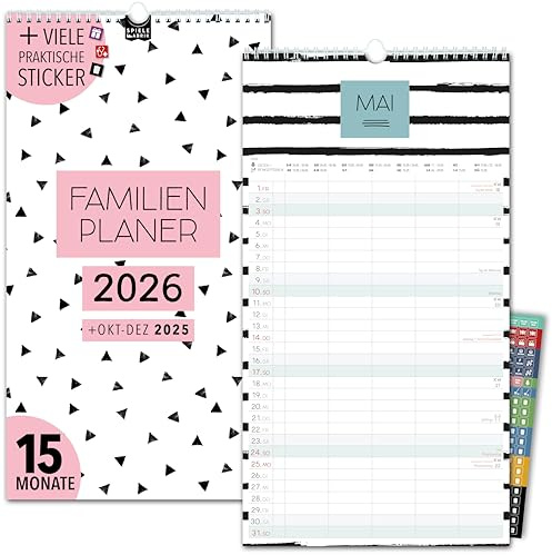 Familienkalender 2026 5 Spalten SCHWARZ-WEIß COLOUR Familienplaner 2026 mit STICKER Urlaub Recycling Ferien Wandplaner 2026 Wandkalender 23 x 43cm inkl. Okt-Dez 2025, Pflanzkalender, black white