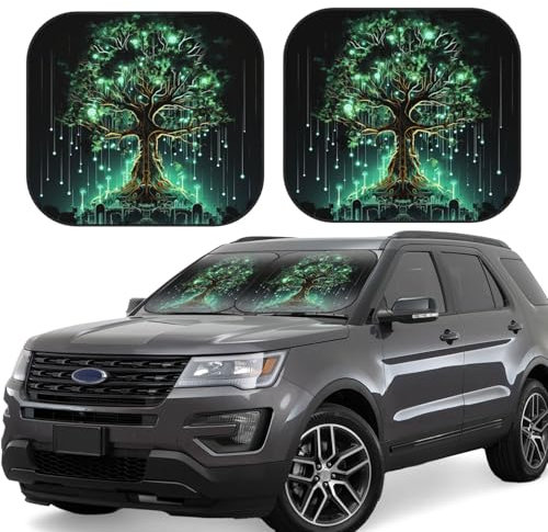 Lot de 2 pare-soleil pliables pour pare-brise de voiture, arbre vert magique, pare-soleil universel pour la plupart des voitures, berlines, camions, SUV - Taille S