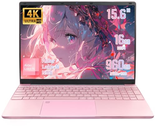 UDKED 15.6 Inch 4K UHD Laptop, Celeron N95(Up to 3.4GHz),16GB DDR4, Fingerprint Unlock, Backlit Keyboard, 180° Hinge, Lightweight Notebook for Study & Work (Rose Gold, 16G+960G SSD)