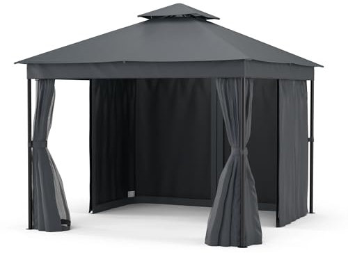 blumfeldt Mondo Dual Tonnelle 3x3 - Double Toit & Moustiquaires, Armature Métallique Résistante, Rideaux Inclus, Tonnelle de Jardin Extérieur, Facile à Assembler, Gris Foncé