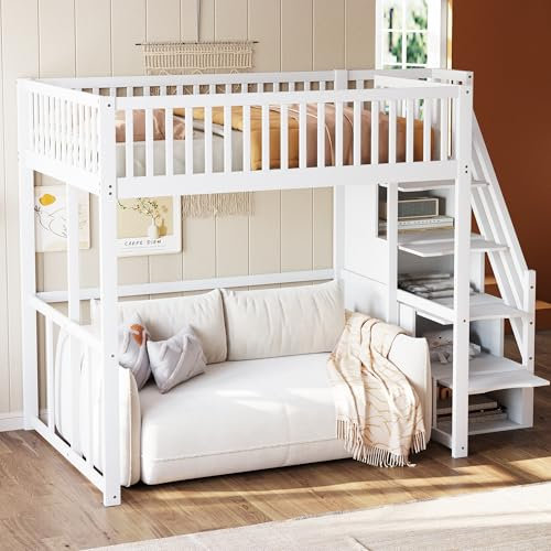 ZYLOYAL10 Hochbett mit Sicherheitsaufbewahrungsleiter, Sicherheitsumrandung, Bettgestell aus massiver Kiefer, Geeignet für Kinder, Jugendliche und Erwachsene (Weiß, 140x200cm)