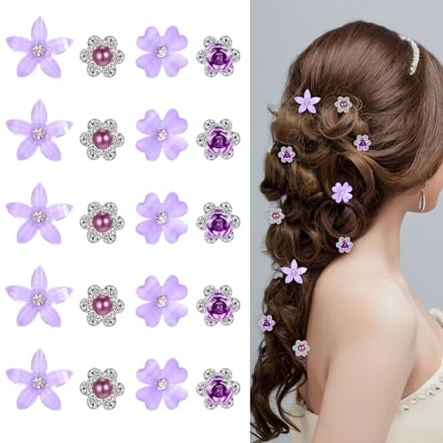 Nogeqi Lot de 20 barrettes à cheveux violettes - Mini barrettes à cheveux en strass - Pour communion et fille - Élégantes petites fleurs - Pour femme et mariage
