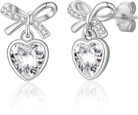 Ohrringe Silber Hängend Damen, Ohrstecker mit Anhänger Zirkonia Herz Schleife Ohrringe Schmuck Geschenke für Freundin Frauen Mädchen zum Geburtstag Weihnachten