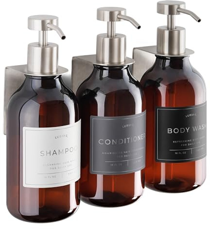 Shampoo & Conditioner Dispenser - Shower Soap Dispenser Wall Mounted - Set of 3 500 ml Plastic Bottles with Pump & Holder - Shampoo Dispenser - Shower Dispenser Chamber No Drill (3 X Amber/Silver)