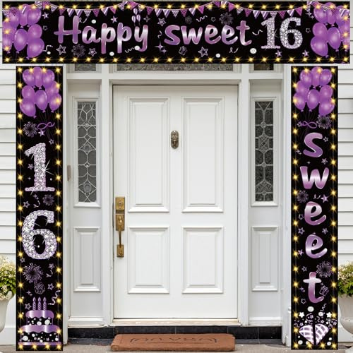 16th Birthday Banner Decorations for Girls 3Pcs Black Purple Happy Birthday Party Porch Sign Door Banner Sweet 16th Party Glitter Decor Happy Sweet Sixteen Year Old Outdoor Backdrop Supplies