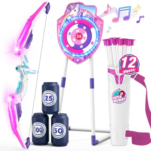 HYES Bow and Arrow for Kids, LED Light Up Unicorn Archery Set | with Suction Cup Arrows, Standing Hanging Target, Score Targets, Quiver, Indoor Outdoor Sport Gifts for Boys Girls