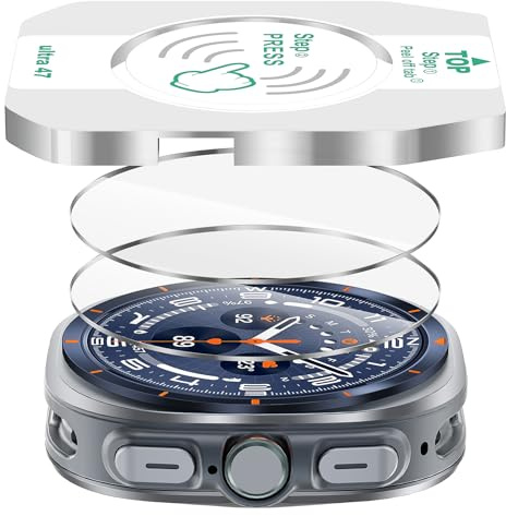 Diruite 2 Pcs Protector Pantalla para Samsung Galaxy Watch Ultra 47mm(2025) | Cristal Templado Dureza 9H,HD Claro,Anti Arañazos,Sensible al Tacto,Sin Burbujas,Alineación automática,Fácil instalación.