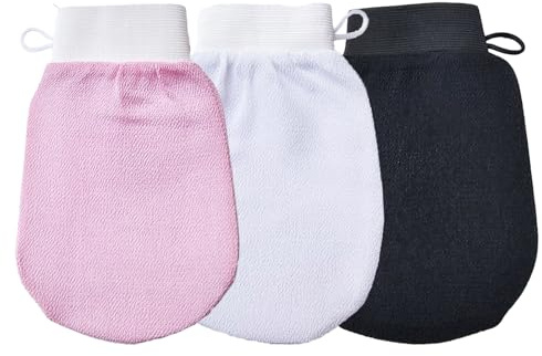 Shirene Peelinghandschuh,3er Set Kese Hamam Exfoliating Gloves für Körperpeeling Entfernung von Eingewachsenen Haaren und Hautschuppen in Schwarz Weiß und Rosa aus Viskosefaser