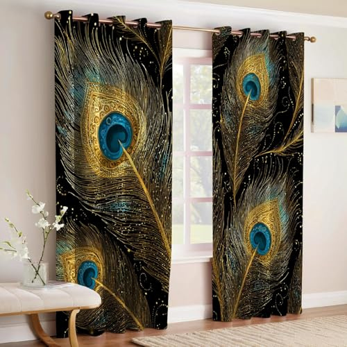 Gold Moderne Vorhänge Blickdicht Verdunkelung Pfauenfedern mit Ösen, Thermovorhang Energiespar Wärmeschutz Gardinen für Wohnzimmer Schlafzimmer, 2er Set H160 x B70 cm