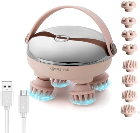 Kopfmassagegerät Elektrisch, QSPORTPEAK Kopfhaut-Massagegerät IPX7 wasserdicht mit 8 Massageköpfen und 3 Massagemodi, handliches Kopfmassagegerät für Entspannung, Tiefenreinigung(Silbrig)